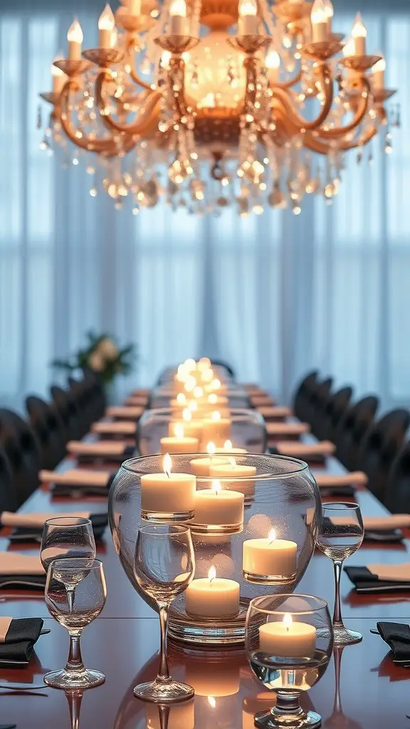 Elegant wedding table centerpiece featuring floating candles in glass vases, surrounded by stylish dinnerware and a chandelier overhead.