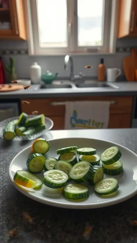 Fresh cucumber slices on a plate, with whole cucumbers and fruit flies in a cozy kitchen setting.