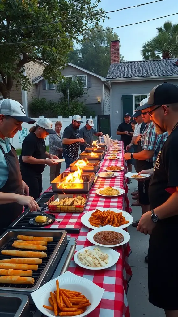 A group of people participating in a culinary cook-off, cooking various dishes on a long table with a checkered tablecloth.