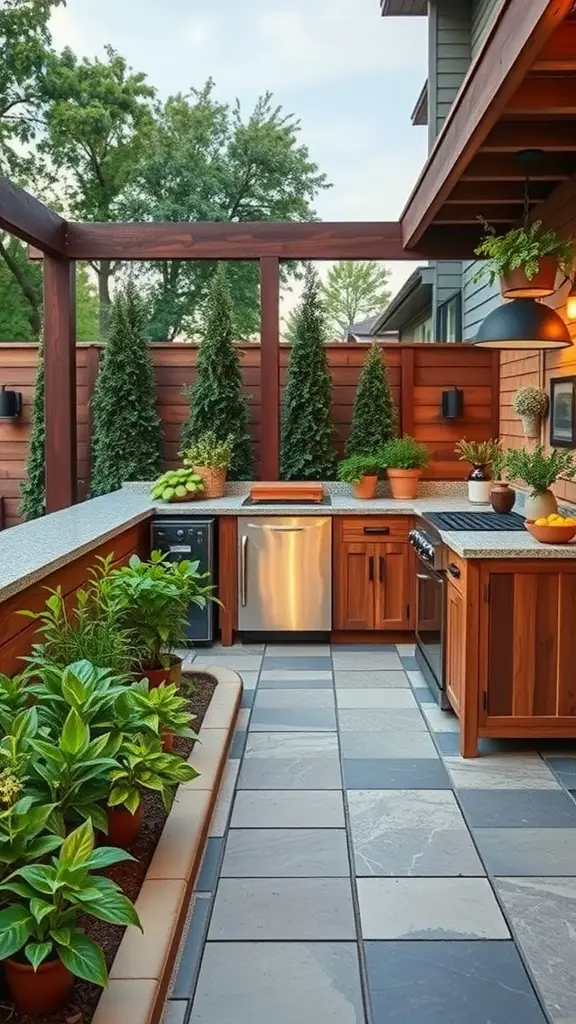 25 Stunning Outdoor Kitchen Patio Ideas You’ll Love 14 Stylish outdoor kitchen patio with a culinary herb garden integration, featuring potted herbs and a modern cooking layout.