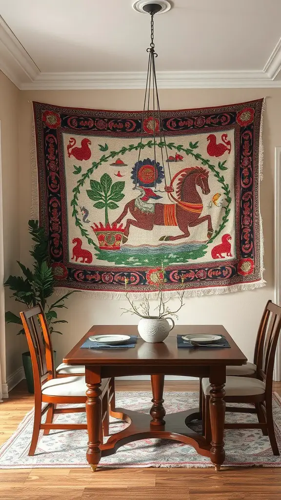 21 Stunning Dining Room Wall Decor Ideas to Transform Your Space 15 A vibrant cultural tapestry featuring a horse and greenery, hanging above a wooden dining table set.