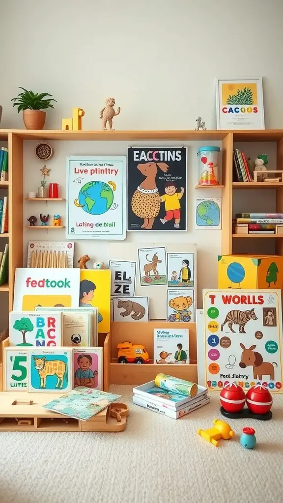 21 Inspiring Montessori Room Ideas for Creative Spaces 14 Montessori room filled with culturally diverse books and educational toys.