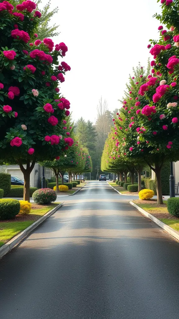 21 Stunning Long Driveway Landscaping Ideas You’ll Love 2 A long driveway flanked by vibrant pink flowering ornamental trees, enhancing curb appeal.