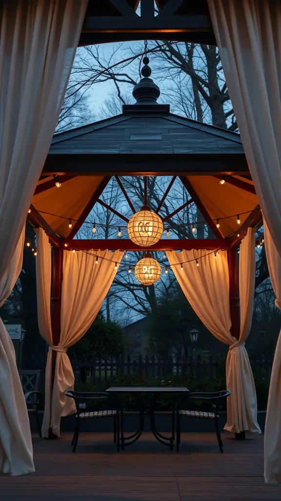 17 Stunning Backyard String Lights to Transform Your Outdoor Space 16 A gazebo with curtain lights and lanterns, creating a cozy atmosphere