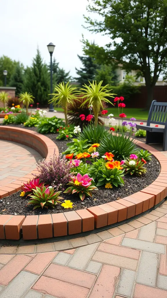 29 Creative Brick Garden Edging Ideas to Transform Your Outdoor Space 7 A garden with curved brick borders and colorful flowers.