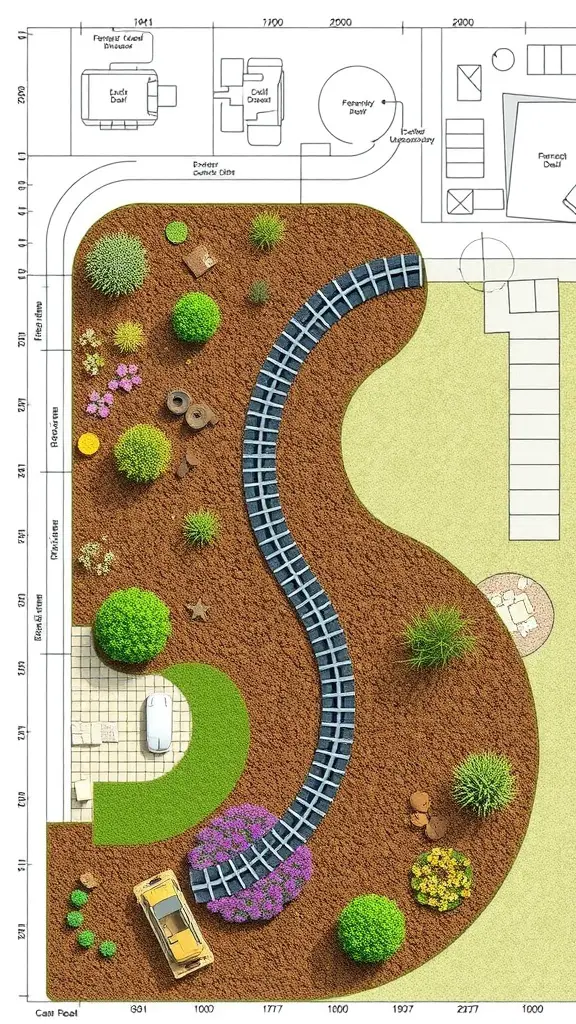 23 Creative French Drain Ideas for Effective Water Management 11 A landscape layout featuring a curved French drain integrated with various plants and features