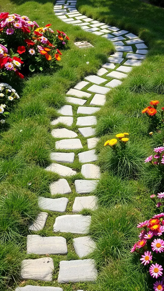 21 Stunning Pathway Landscaping Ideas to Enhance Your Outdoor Space 8 A curved stone pathway surrounded by green grass and colorful flowers
