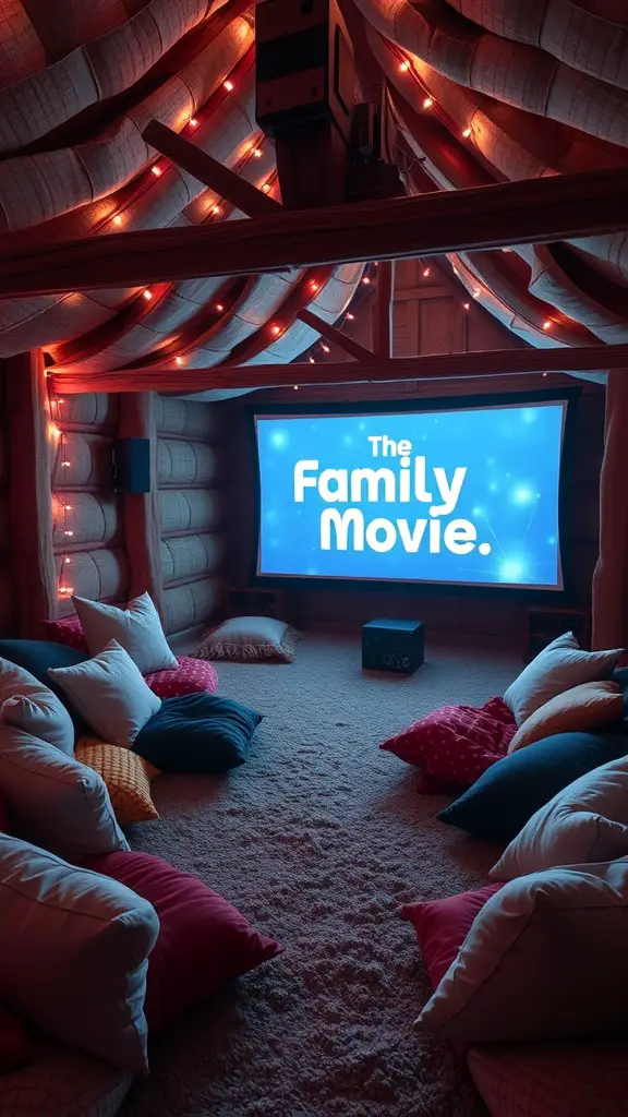 23 Creative Blanket Fort Ideas for Ultimate Cozy Fun 6 A cozy blanket fort with cushions and a movie screen inside.