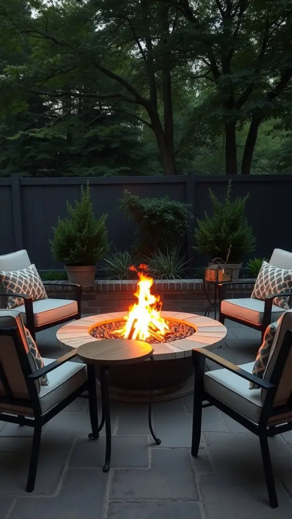 19 Stylish Outdoor Fire Pit Seating Ideas for Cozy Gatherings 13 A cozy outdoor seating area featuring cushioned patio chairs around a fire pit with side tables.