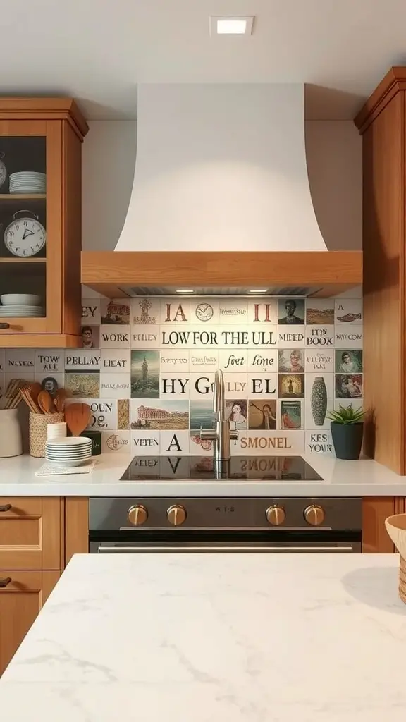 21 Stunning Backsplash Ideas for Your Dream Kitchen 14 A kitchen with a custom artwork tile backsplash featuring various artistic designs.