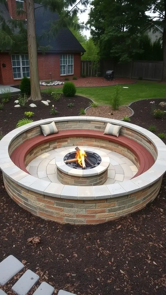 19 Stylish Outdoor Fire Pit Seating Ideas for Cozy Gatherings 16 A circular fire pit with built-in bench seating made of stone and wood, surrounded by a landscaped backyard.