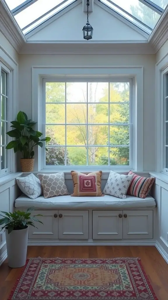 A sunroom featuring custom built-in seating with cushions, colorful pillows, and a plant, enhancing the cozy atmosphere.