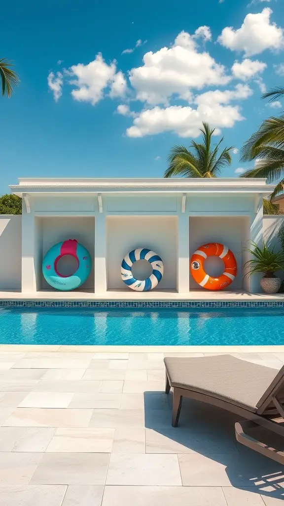 19 Creative Pool Float Storage Ideas You'll Love 14 A custom storage solution for pool floats, featuring three colorful floaties displayed in a white alcove by a pool.