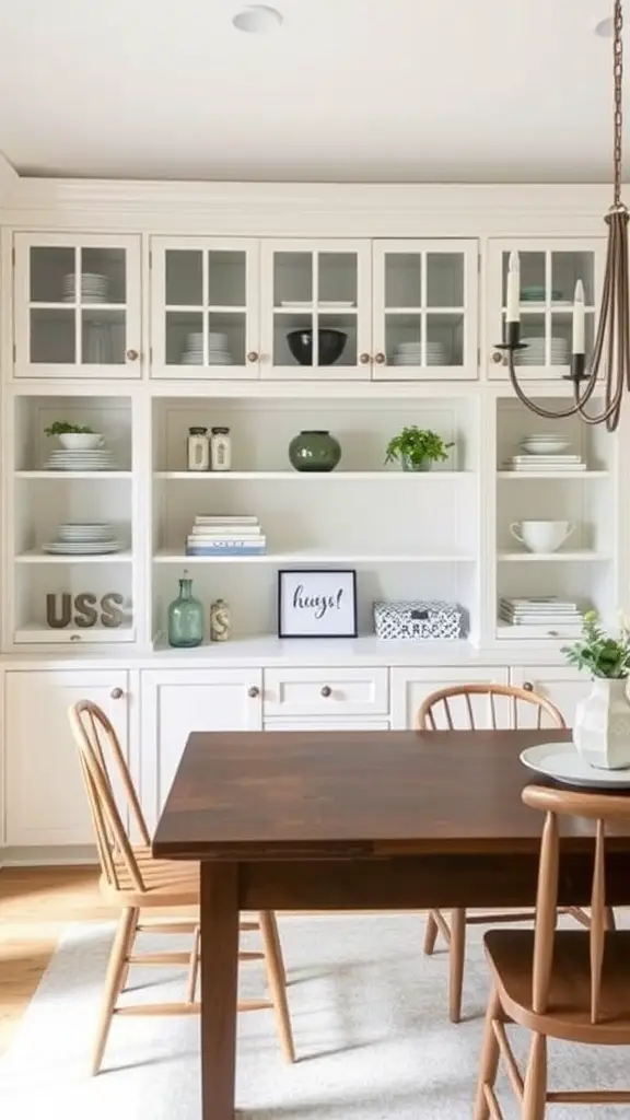 19 Stunning Modern Farmhouse Dining Room Ideas You’ll Love 13 Modern farmhouse dining room with custom built-ins showcasing dishware and decor items.