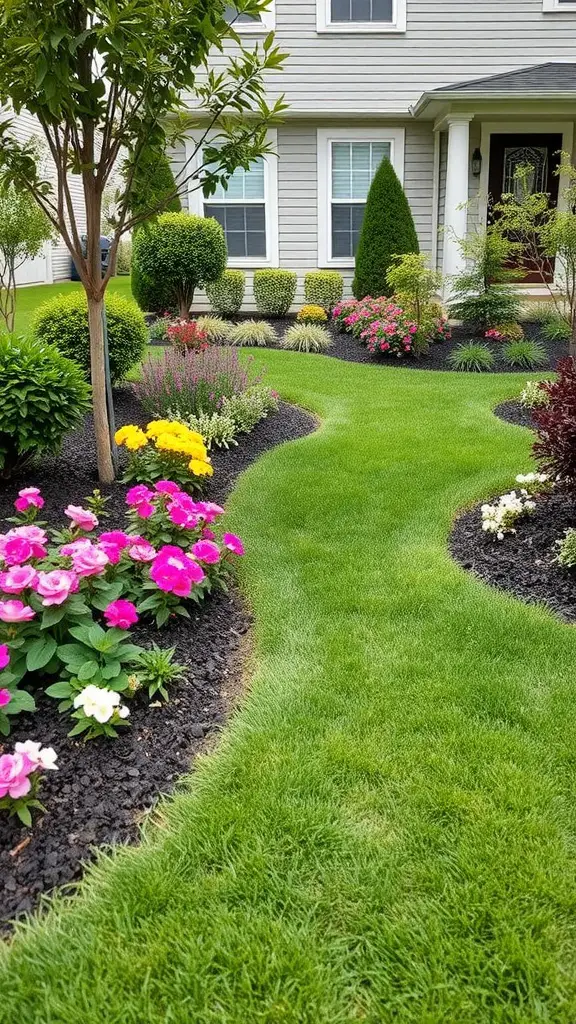 A beautifully landscaped front yard with a winding grass path surrounded by colorful flowers and defined borders.