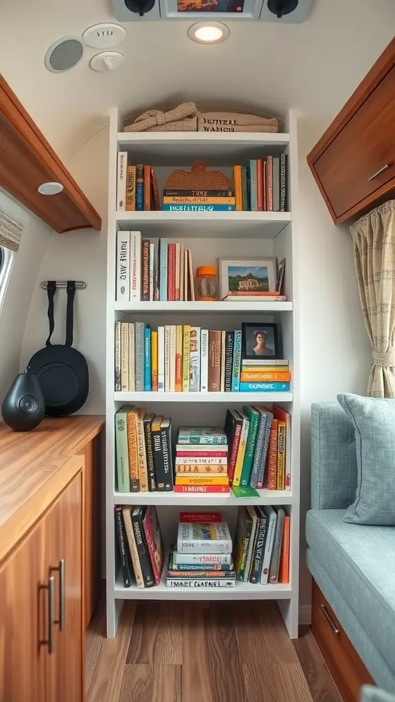19 Clever Camper Storage Ideas for Your Next Adventure 12 Custom shelving unit in a camper filled with books and decorative items