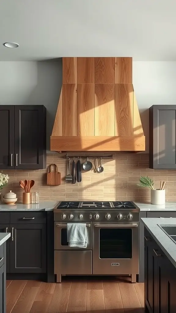 A kitchen featuring a custom wood range hood above a stainless steel stove, with dark cabinets and light-colored countertops.