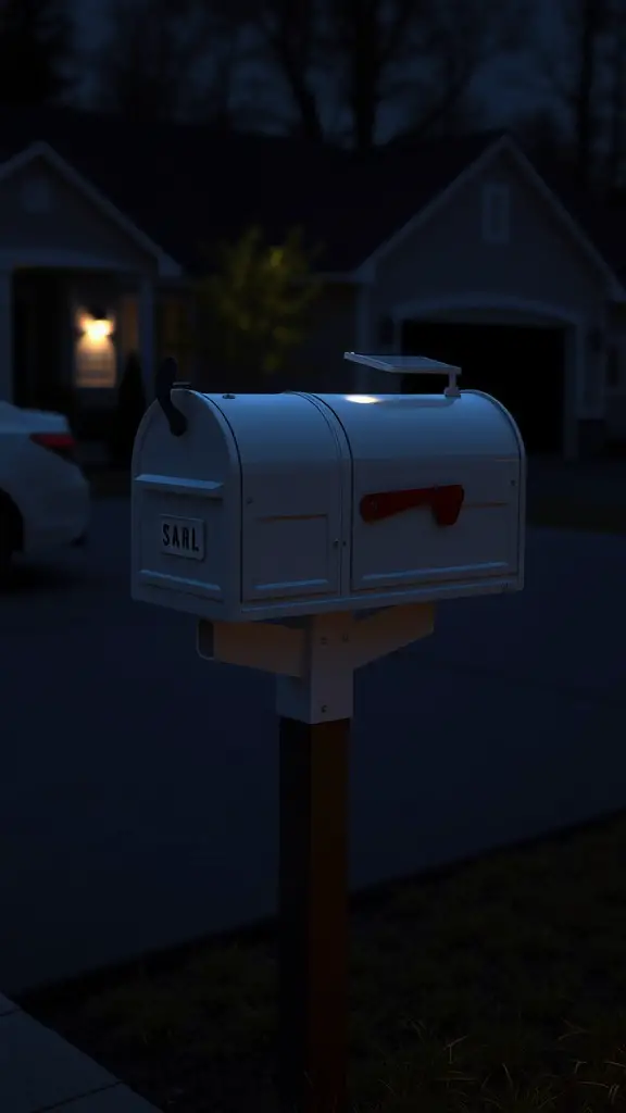 A customizable double mailbox with solar lights illuminated at night.