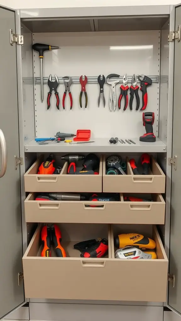 19 Essential Items for Perfect Garage Tool Organization 12 Organized garage cabinet with hand tools and customizable drawer organizers