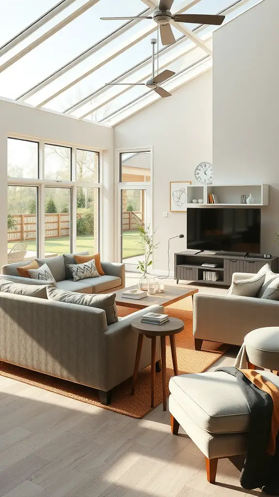 A sunroom featuring customizable modular furniture with light-colored couches and a coffee table, showcasing a bright and inviting atmosphere.