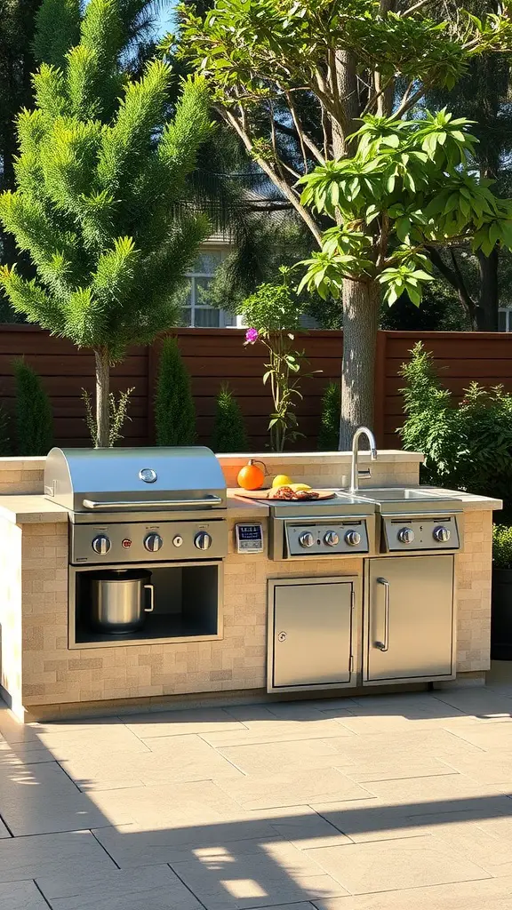 25 Stunning Outdoor Kitchen Patio Ideas You’ll Love 10 A sleek modular outdoor cooking unit in a sunny patio surrounded by greenery.