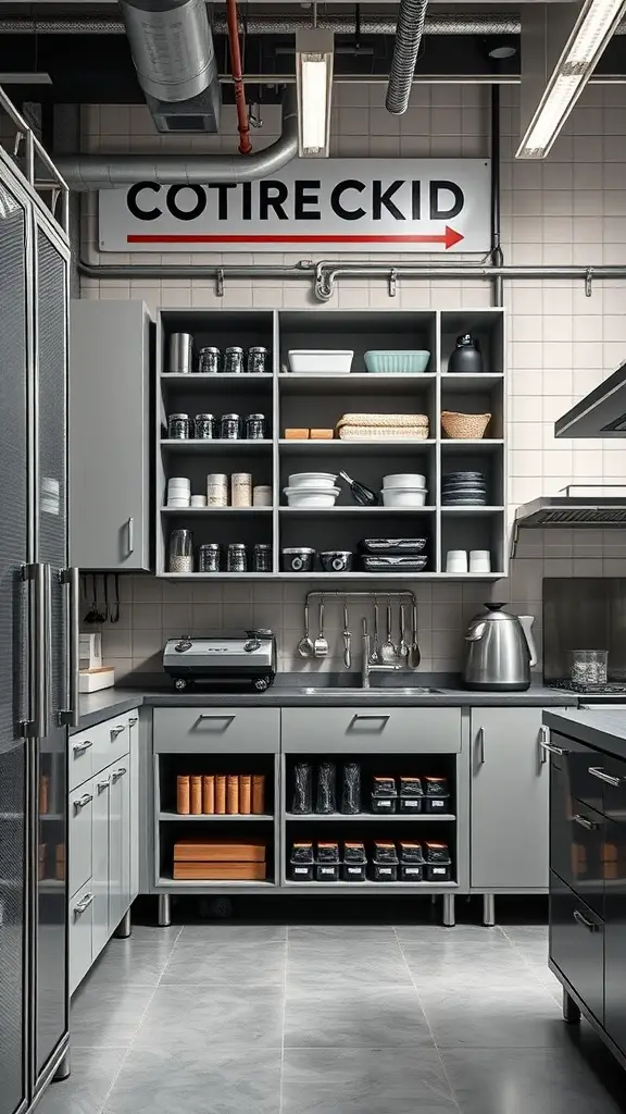 A modern industrial kitchen featuring customizable modular storage solutions with open shelving and organized cabinets.