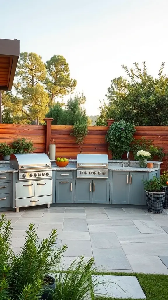 19 Stunning Covered Outdoor Kitchen Design Ideas You’ll Love 11 A modern outdoor kitchen featuring customizable modular units, showcasing grills, countertop space, and surrounding greenery.