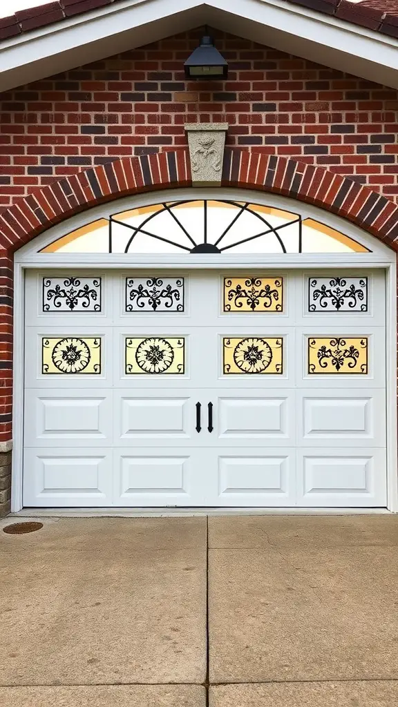 A white garage door with decorative black panel inserts and colored glass