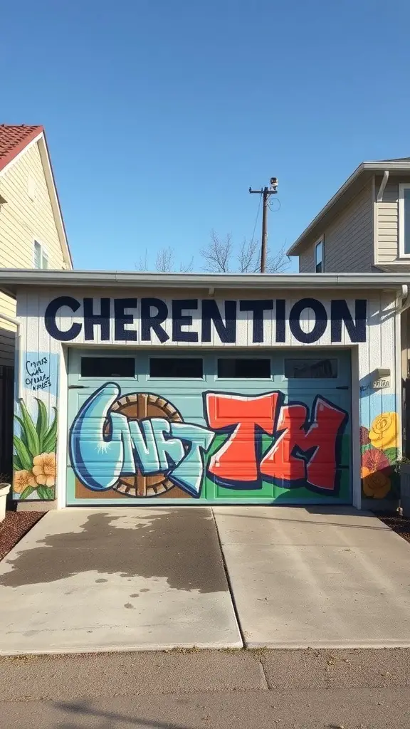 A colorful garage door with graffiti-style artwork featuring bold letters and floral designs.