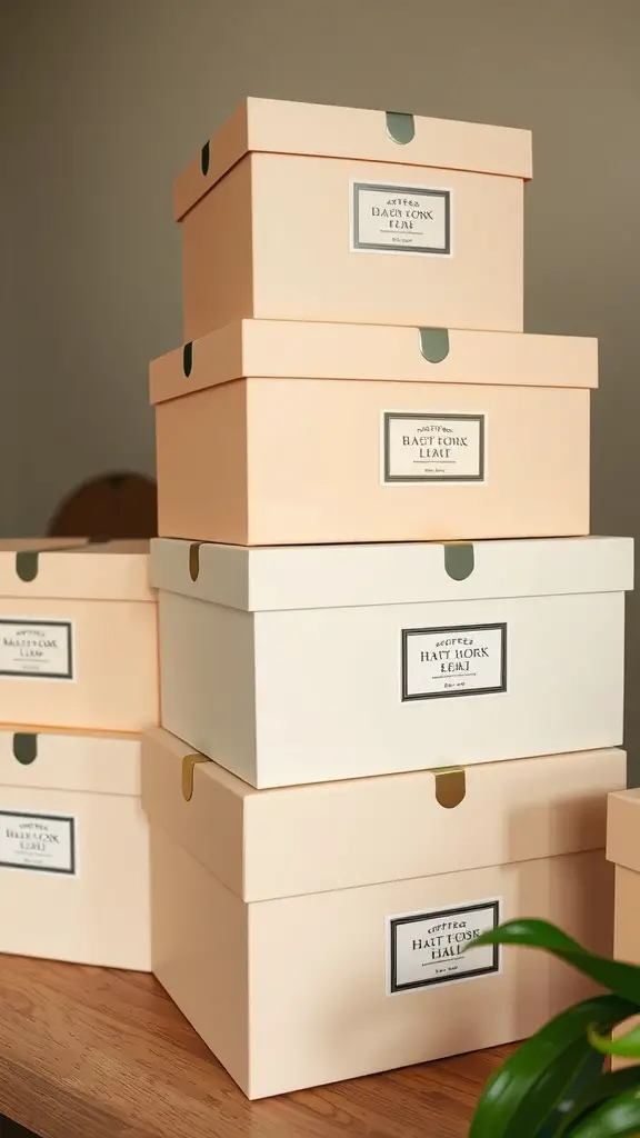 19 Creative Hat Storage Ideas for Every Space 2 A stack of customized hat boxes in soft colors, neatly arranged with labels.