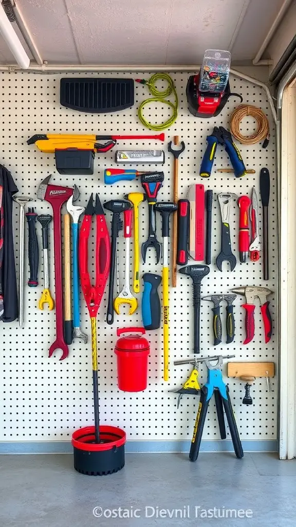 21 Creative Garage Storage Ideas You Need to Try 9 A colorful pegboard system displaying various tools in an organized manner