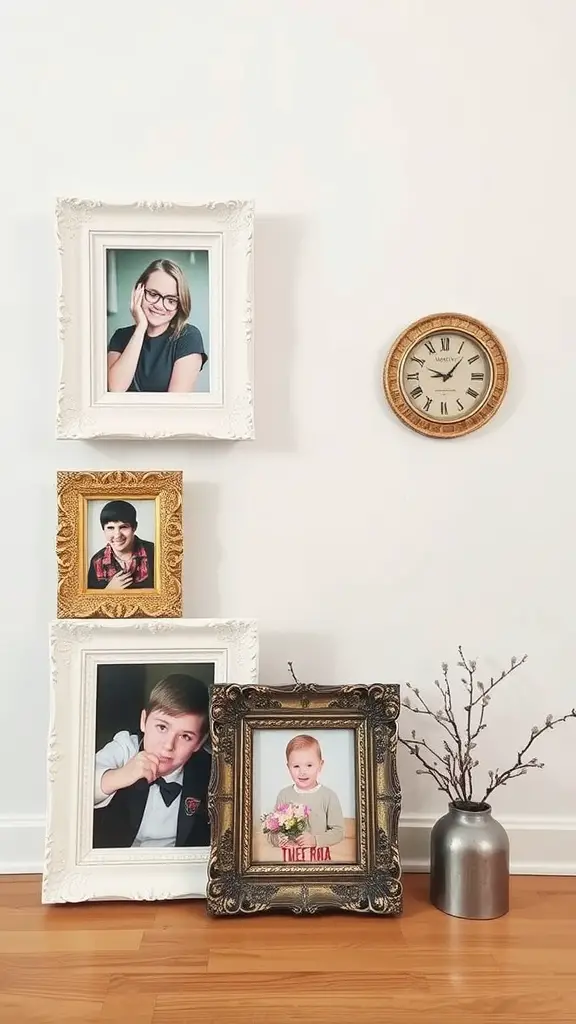 A collection of customized picture frames with family photos, arranged stylishly on a wall.
