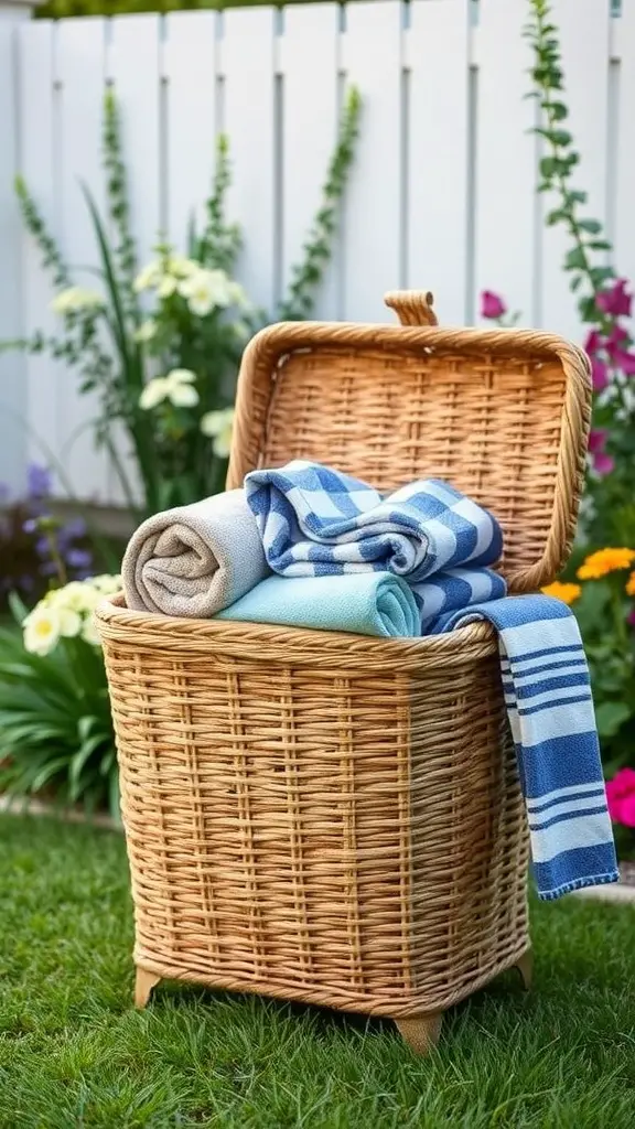 27 Creative Pool Towel Storage Solutions You Need to Try 15 A wicker towel hamper filled with colorful rolled towels, set in a garden with flowers.