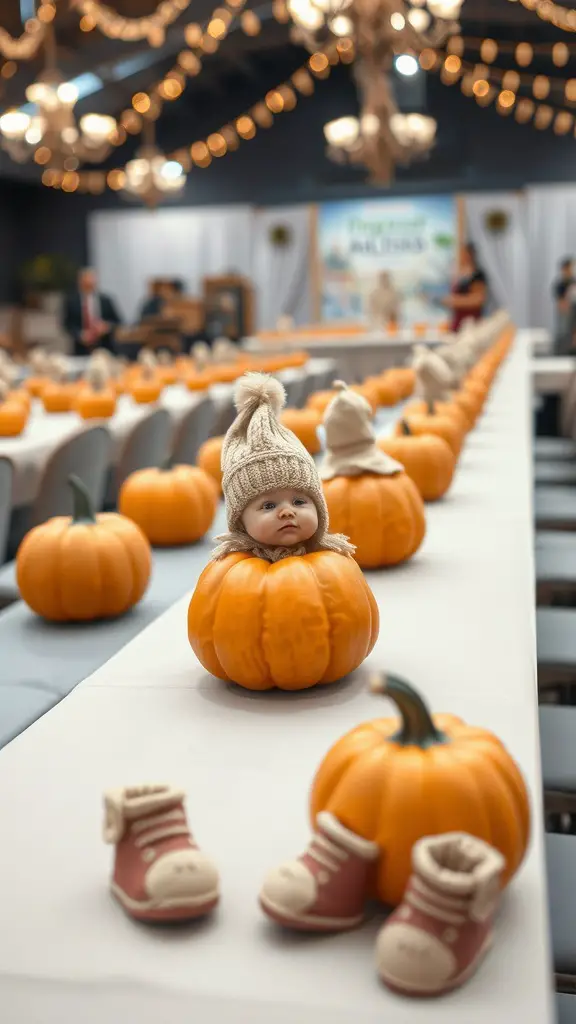 15 Adorable Ideas for a Pumpkin Baby Shower Theme 15 A table decorated for a baby shower with pumpkins, a doll in a pumpkin, and baby shoes.