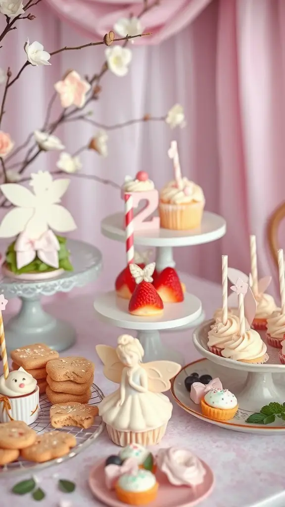A table filled with fairy-themed desserts, including cupcakes, cookies, and strawberries, decorated with butterflies and flowers.