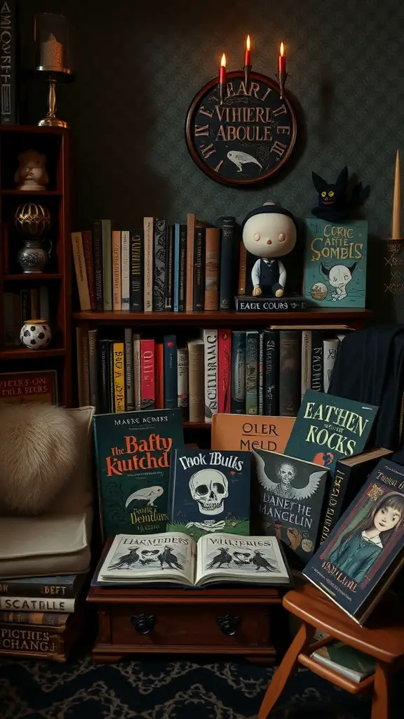21 Spooktacular Goth Baby Shower Ideas You’ll Love 14 A cozy reading corner featuring dark-themed baby books and gothic decorations.