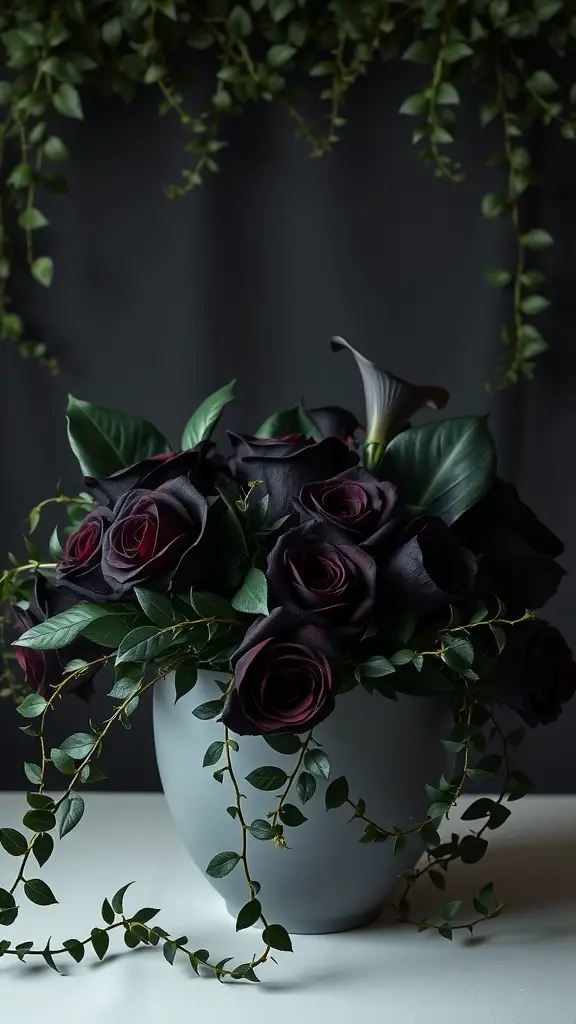 21 Spooktacular Goth Baby Shower Ideas You’ll Love 5 A beautiful arrangement of dark purple roses and calla lilies surrounded by lush greenery in a gray vase.