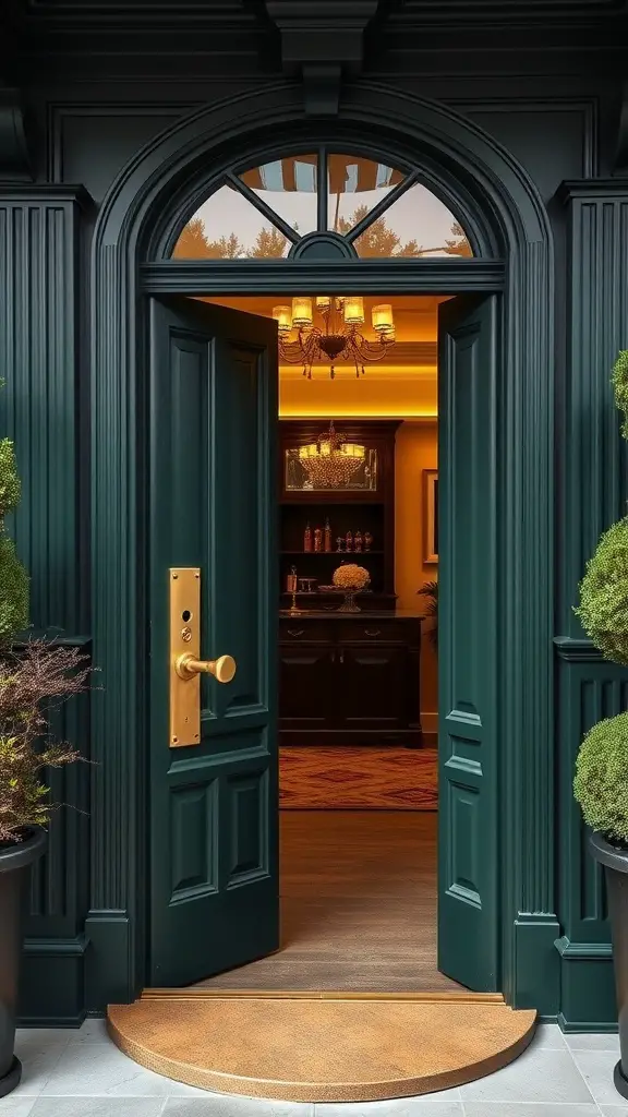 17 Stunning Green Front Door Ideas to Elevate Your Curb Appeal 10 A dark green front door with gold hardware, featuring intricate details and a warm glow from inside, framed by potted plants.