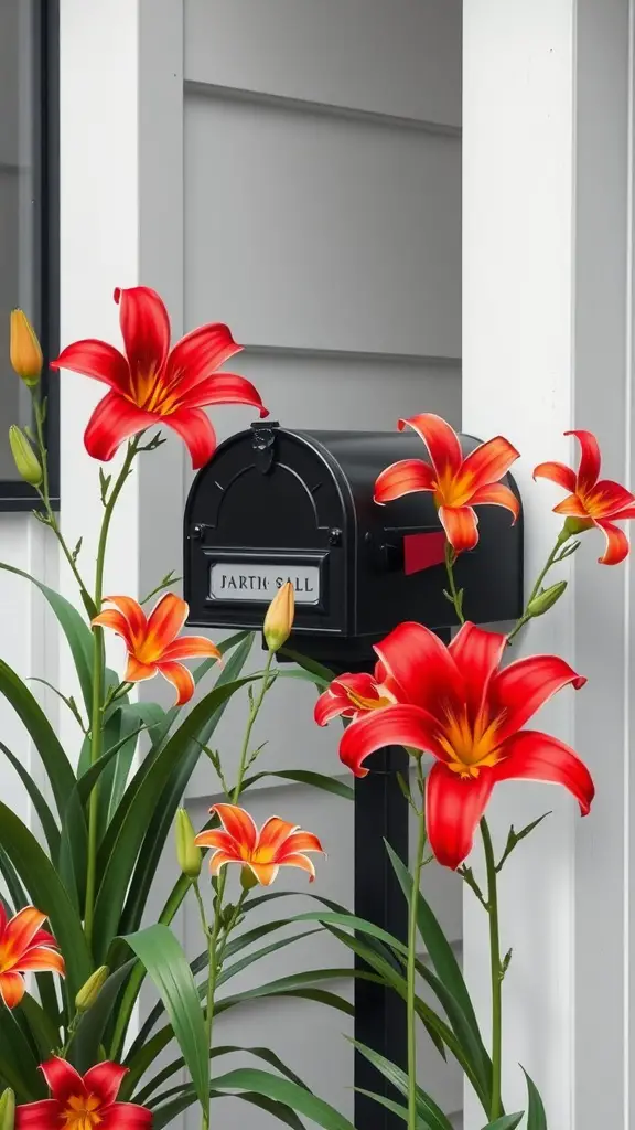 19 Stunning Mailbox Plants to Enhance Your Curb Appeal 6 Bright red and orange daylilies blooming next to a black mailbox.