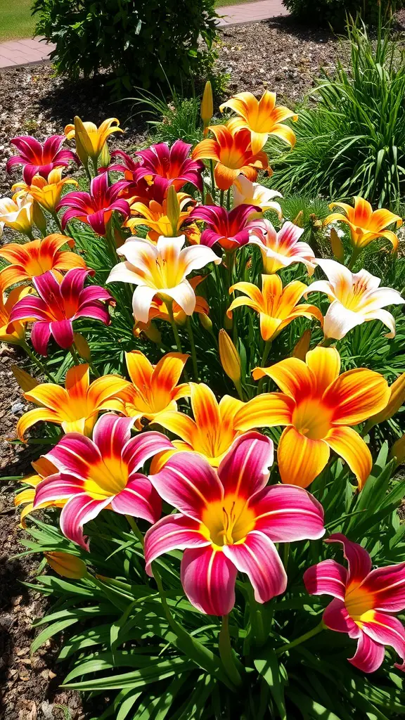 17 Long-Blooming Perennials for a Vibrant Garden Year-Round 7 A colorful display of blooming daylilies in various shades of yellow, orange, pink, and white.