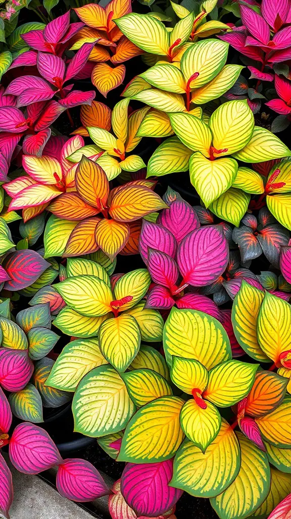 19 Colorful Plant Ideas to Brighten Your Space 4 A variety of colorful caladium plants with heart-shaped leaves in shades of pink, yellow, and green.