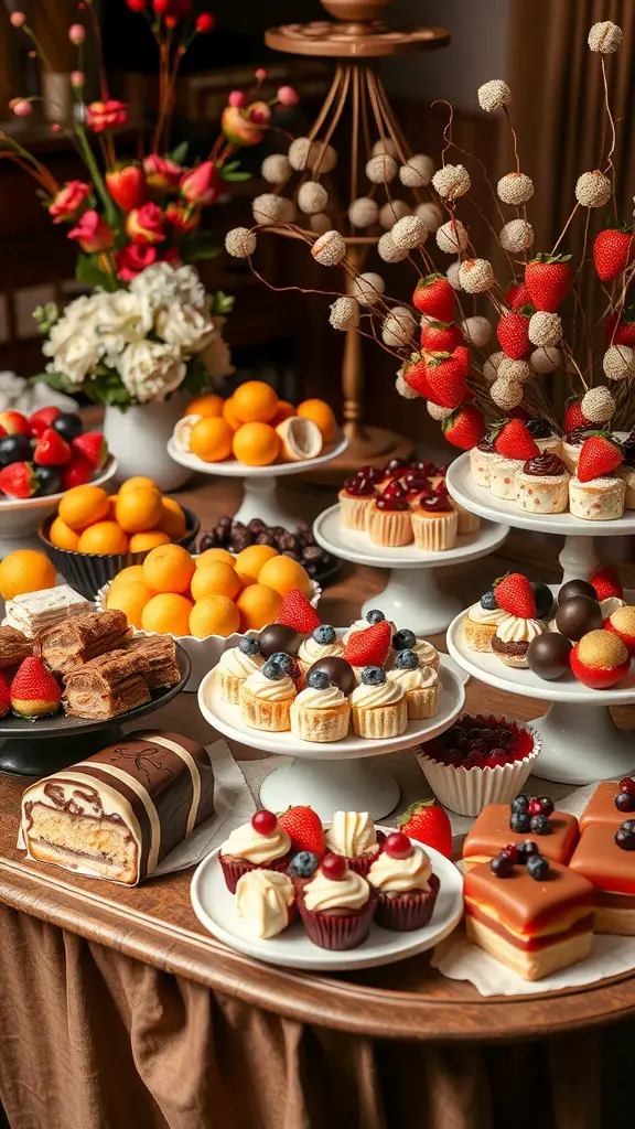 21 Stunning Grazing Table Ideas for Your Next Celebration 4 A beautiful dessert grazing board featuring cupcakes, mini cheesecakes, fruits, and decorative floral arrangements.