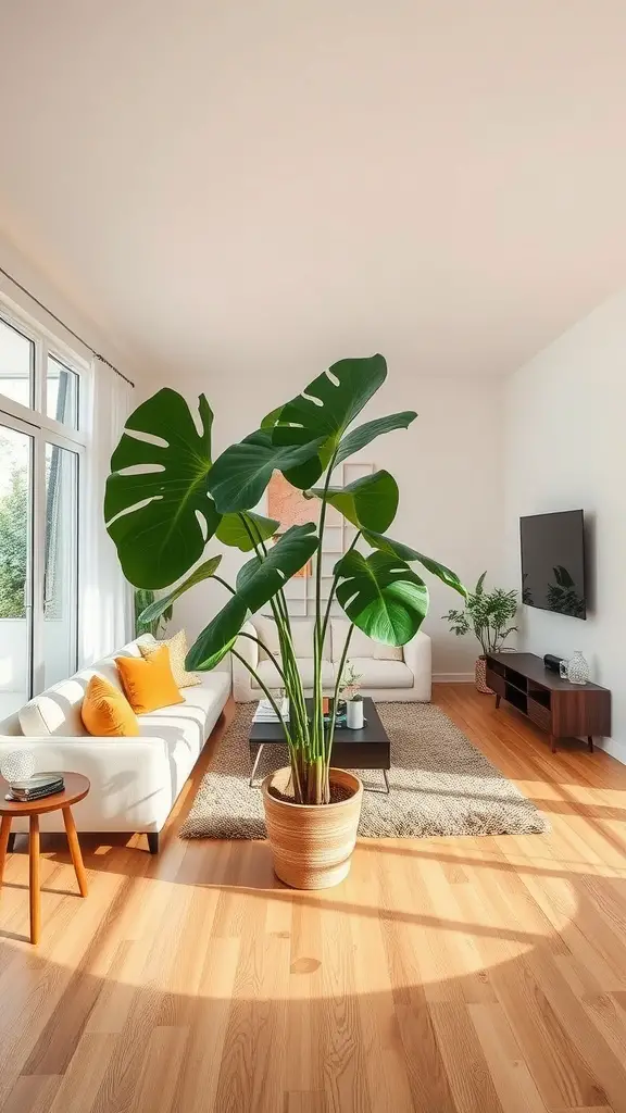 23 Creative Ways to Decorate with Plants in Your Home 8 A cozy living room featuring a large monstera plant in a woven pot, complemented by a white sofa and light hardwood floors.
