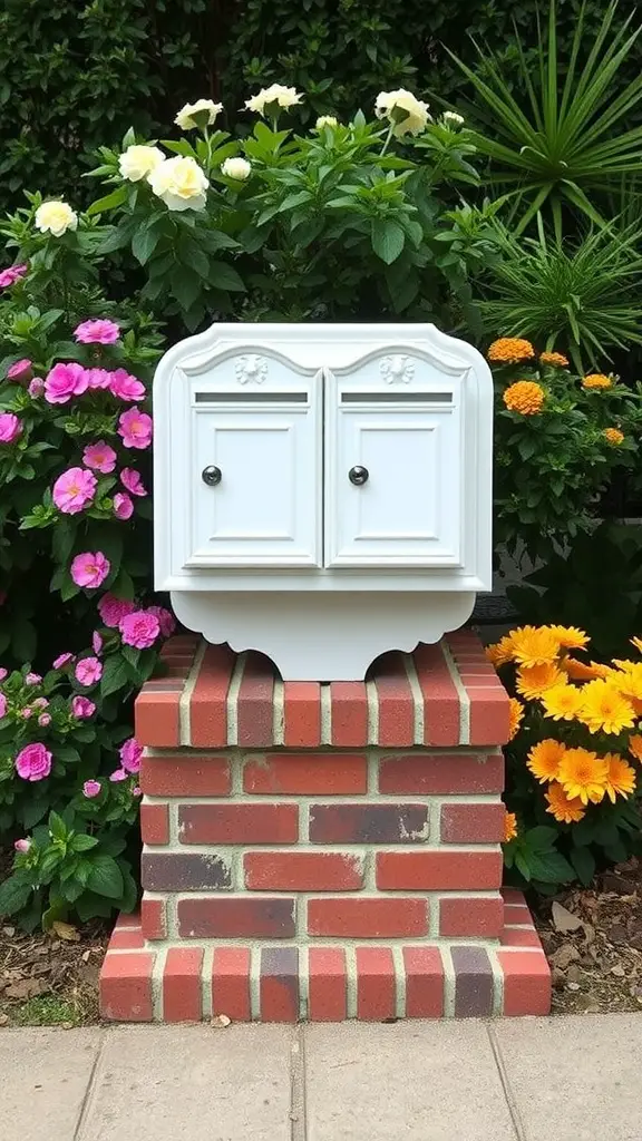 A decorative double mailbox on a brick base surrounded by colorful flowers.