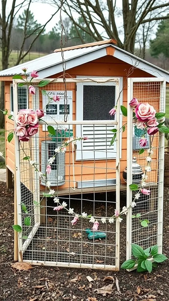 15 Creative Chicken Coop Decor Ideas to Enhance Your Backyard 8 Decorative chicken wire panels adorned with flowers around a chicken coop