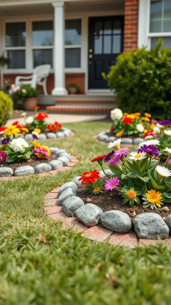 13 Simple Landscaping Ideas for Your Front Yard 5 Flowerbeds with colorful flowers bordered by stones and bricks in a front yard.