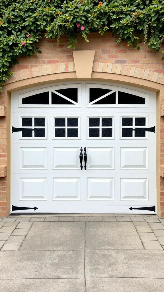 25 Creative Garage Door Ideas for a Stunning Home Entrance 16 A decorative white garage door with black accents, framed by lush greenery.