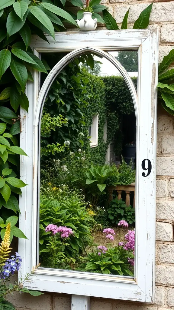 A vintage window frame transformed into a decorative garden mirror, reflecting colorful flowers and greenery.