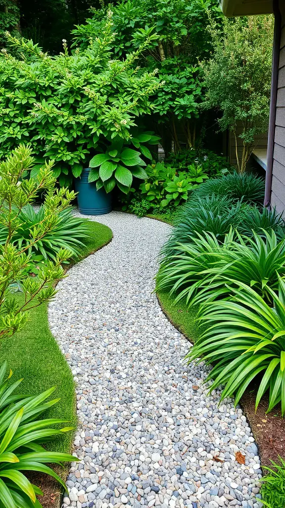 19 Stunning Small Front Yard Landscaping Ideas 5 A decorative gravel path winding through lush greenery in a front yard.