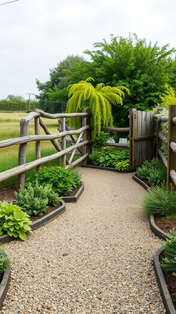 17 Creative Landscaping Ideas for Your Fence Area 10 A decorative gravel pathway bordered by green plants and a wooden fence leading to a gate.